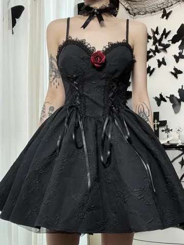Gothic Dark Style Personality Jacquard A Hem Open Back Suspender Dress