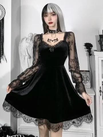 Gothic Sexy Lace Panel Long Sleeve Dress