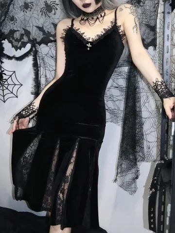 Gothic Dark Style Lace Stitching Sling Fishtail Dress