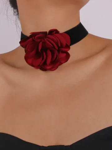 Gothic Women'S Fashion Rose Flower Flocking Fabric Choker Necklace