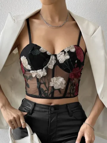Vintage Gothic Style Mesh Floral Embroidery Underwire Fishbone Camis Corset