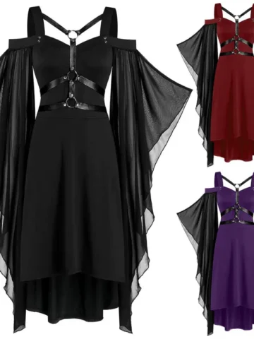 Women Spring Gothic Punk Style Mesh Spliced Strap Sling Dress