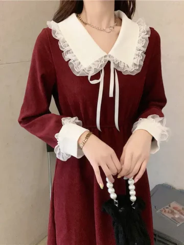 Women Vintage Gothic Lace Collar Long Sleeve Burgundy Midi Dress