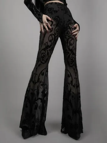 S-L Women Gothic See-Through Flares Pants