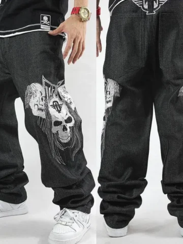Hot Sale New Straight Baggy Jeans Loose Hip Hop Men Gothic Skull Printed Embroidered Casual Denim Trousers