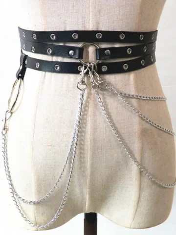Women Gothic Chain Decoration All-match PU Skirt Belt