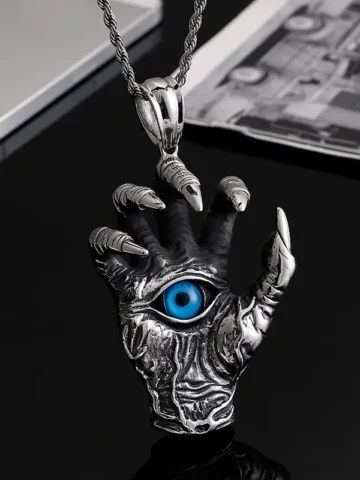 Men Retro Punk Gothic Devil Eye Palm Shaped Pendant Metal Necklace