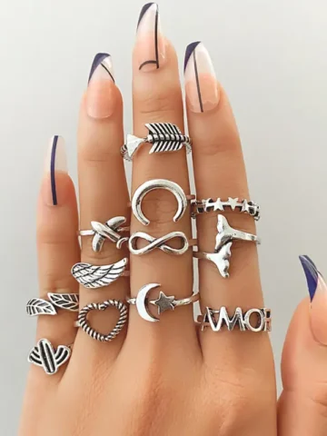 Women Punk Gothic Geometric Heart And Feather Metal Midi Ring Set
