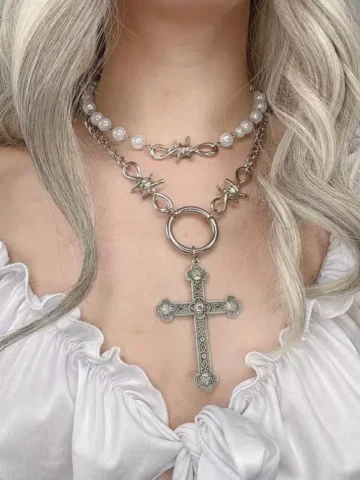 Women Vintage Gothic Cross Pendant Imitation Pearl Multilayer Necklace