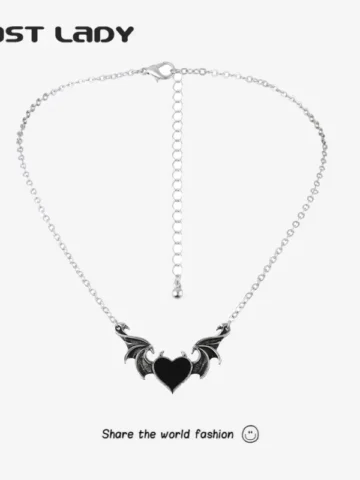 Women Gothic Devil Wings Heart Pendant Alloy Necklace