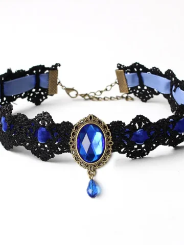 Gothic Gemstone Decor Lace Choker Necklace