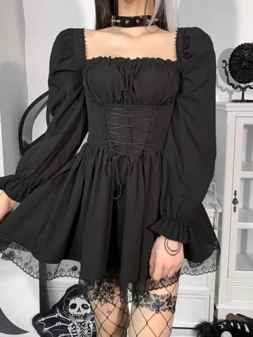 S-L Women Gothic Puff Sleeve Lace-up Dress