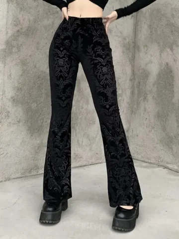 S-L Women Gothic Velvet Embossing Flare Trousers